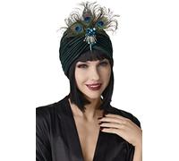 BABEYOND Sombrero turbante con volantes para mujer con broche de cristal desmontable, vendas de plumas de punto plisado, vintage (verde oscuro)