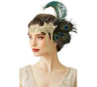 BABEYOND Tocado del Gran Gatsby de los años 20, diadema de plumas con flecos dorados para carnaval, baile y boda, color verde