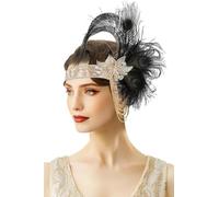 BABEYOND Tocado del Gran Gatsby de los años 20, diadema de plumas con flecos dorados para carnaval, baile y boda, color negro