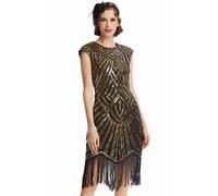Babeyond - Vestido de charlestón con estilo de los años 20, del Gran Gatsby, con flecos y cuello de pico, Negro Oro, XXXL