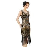 BABEYOND Vestido de charlestón, Estilo de los años 20, del Gran Gatsby, con Flecos, Cuentas y Cuello en V - Dorado - X-Large