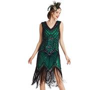 BABEYOND Vestido de charlestón, Estilo de los años 20, del Gran Gatsby, con Flecos, Cuentas y Cuello en V - Verde - Medium