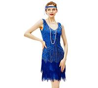 BABEYOND Vestido de charlestón para Mujer, Estilo años 20, Vestido del Gran Gatsby con Flecos, Cuentas y Cuello de Pico, Azul, XXL