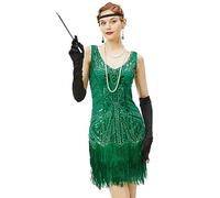 BABEYOND - Vestido de charlestón para Mujer, Estilo años 20, Vestido del Gran Gatsby con Flecos, Cuentas y Cuello de Pico, Verde, XS