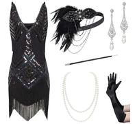 BABEYOND Vestido de los años 20 para mujer, sexy, con cuello en V, charleston, estilo retro, para fiesta temática de Gatsby, vestido de carnaval, Set - Negro, XS