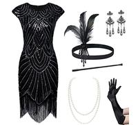 BABEYOND Vestido de mujer con lentejuelas estilo 20 con cuello redondo inspirado en el vestido de gran Gatsby, Set-black, XL