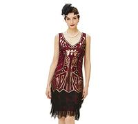 BABEYOND Vestido de Mujer de los años 20 con Cuello en V y Flecos, Oro y Rojo Vino, Medium