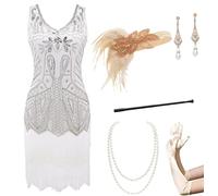 BABEYOND Vestido de mujer de los años 20 con cuello en V y flecos, set/blanco, S