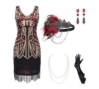 BABEYOND Vestido de mujer de los años 20 con cuello en V y flecos, Set - Gold Winered, M