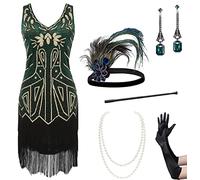 BABEYOND Vestido de Mujer de los años 20 con Cuello en V y Flecos, Set - Oro Verde Oscuro, Small
