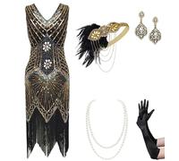 BABEYOND Vestido de Mujer Estilo años 20 con Cuello en V y Flecos, Vestido de Gran Gatsby, Set - Oro, M