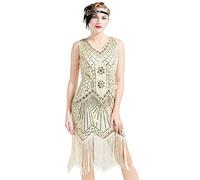 BABEYOND Vestido Flapper para Mujer de los años 20, Cuello en V, con Cuentas y Flecos, Vestido del Gran Gatsby, Albaricoque, Large