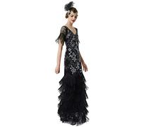 BABEYOND Vestido largo de noche de los años 20 con cuello en V, abalorios y lentejuelas, para boda, color negro y dorado, Negro plateado, XXL
