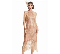 BABEYOND Vestido Largo Estilo Gatsby de los años 20, con Flecos, Estilo Vintage Art Deco, Oro Rosa, M