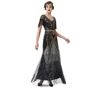 BABEYOND Vestido Largo para Mujer, Vestido Largo con Flecos, para Fiesta de Gatsby, Negro y Dorado, Large