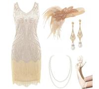 BABEYOND Vestido retro de los años 20 para mujer, con dos capas, cuello en V, gran disfraz de Gatsby, Set - Beige, L