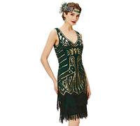 BABEYOND Vestidos Flapper de los años 20 con Cuello en V y Cuentas con Flecos para Mujer, Oro y Verde Oscuro., X-Small