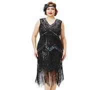 BABEYOND Vestidos Flapper de Talla Grande para Mujer, Cuello en V de los años 20, con Cuentas, con Flecos, Vestido de Gran Gatsby, Negro Glamour, 4XL