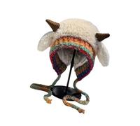 BABIBAOBEI Gorro de invierno de forro polar con detalles de cuerno de oveja, unisex, elástico, material de punto, accesorio para clima frío, elegante accesorio de invierno con pompones