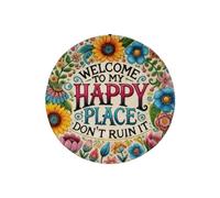 BABIBAOBEI Placa de madera con texto en inglés «Welcome to Happy Place» para puerta delantera, decoración de pared para uso en interiores y exteriores, ganchos decorativos de pared