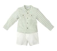 BABIDU Conjunto para Bebé y Niño con Camisa de Manga Larga a Cuadros y Pantalón Corto Blanco, Cuello Mao, Doble Bolsillo en Pecho y Botones de Madera
