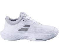 Babolat, Zapatillas de Tenis SFX 4 AC W, Confort Superior, Ajuste Grande, Mantenimiento Óptimo, Tecnología Extra Cush, Parte Superior Ligera y Ventilada, Suela Ortholite Gruesa, Blanco Plateado, 42.5