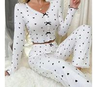 babominimer Conjunto de pijama de punto acanalado con estampado de corazón para mujer, camiseta suelta con cuello en V y pantalón largo, ropa de dormir de 2 piezas para vacaciones, atuendo casual para
