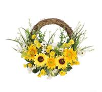 babominimer Corona de girasol artificial con margaritas para colgar en la pared al aire libre, 45 x 35 cm, arreglo floral de seda amarilla y marrón sobre base de ramas de madera natural