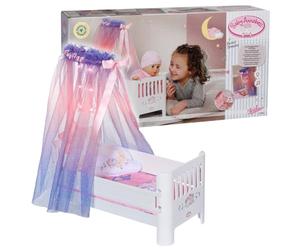 Baby Annabell Cama de Muñeca Blanca, Cama Baby Annabell Sweet Dreams, Cama para Muñecas con Cielo, Estrellas Brillantes, Canción de Cuna, Colchón, Manta y Almohada