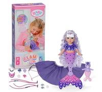 Baby Born Glam Up Aura, Sirena con Largo Cabello Lila con Efecto de Color UV, para peinar con Accesorios Textiles y Pins, Incluye Amigo Animal