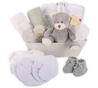 Baby Box Shop Cesta de Recién Nacido Unisex Gris - Cesta para Bebé Envuelta en Tela de Gasa con Osito, Patucos, Body, Babero, Gorro, Manta, Toalla con Capucha y Placa