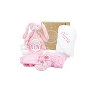 Baby Box Shop Regalos Personalizados para Niñas - Toalla con Capucha y Edredón de Conejo con Nombre Bordado - 4 Artículos Esenciales para Recién Nacidas, Ideal para Baby Shower o Bautizo