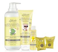 Baby Care de Elifexir | Pack Especial Verano | Protector Solar SPF 50+ (100 ml) + Crema Hidratante (400 ml) + Minitalla Gel-Champú (50 ml) + Manguitos | Protección Completa del Bebé