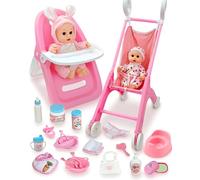 Baby Doll Stroller Set Toys with Dining Chair & Stroller, 28PCS Pretend Play Set for Girls, Durable Toddler Gifts with Accessories