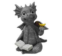 Baby Dragon Reading Book Statue, Cute Dinosaur Holding Butterfly Figurines Art Resin Sculpture Reading Book Dragon Garden Statues Decor