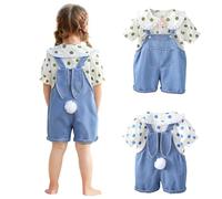 Baby Easter Outfit Dungarees Shorts Kids Adjustable Straps Bunny Denim Overalls With Cute Ear Tail Toddler Girls First Birthday One Piece Jumpsuit Buttons Loose Sleeveless Jeans Romper