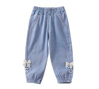 Baby Girls Baggy Jeans Cute Toddler Bow Embroidered Elastic Waist Denim Pants with Pockets Kids Loose Fit Casual Sweatpants Summer Stretchy Comfy Athletic Streetwear