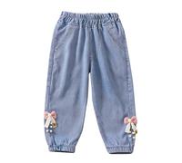 Baby Girls Baggy Jeans Cute Toddler Bow Embroidered Elastic Waist Denim Pants with Pockets Kids Loose Fit Casual Sweatpants Summer Stretchy Comfy Athletic Streetwear