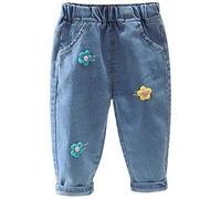 Baby Girls Baggy Jeans Elastic Waist Pull On Denim Pants Cute Kids Flower Embroidery Comfort Stretch Jeans Cotton Casual School Trousers Toddler Girls Summer Sports Joggers