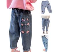 Baby Girls Cute Jeans Floral Printed Pull on Denim Pants Fashion Toddler Loose Distressed Washed Jean Summer Strechy Harem Pants for Kids Casual Athletic Sweatpants Joggers