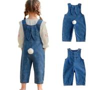 Baby Girls Denim Jumpsuits Kids Bunny Easter Clothes Outfits With Rabbit Ears Pom Tail Cute Toddler Girl Adjustable Overalls Infant Summer Sleeveless Jean Romper Dungarees