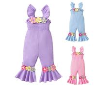 Baby Girls Flare Jumpsuits Cute Flower High Elastic Waist Overalls Kids Ruffle Sleeveless Baggy Easter Outfit Toddler Girls Wide Leg Loose Fit Rompers Summer Casual Dungarees
