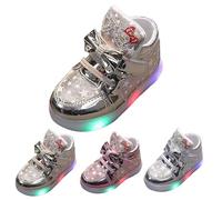 Baby Girls Sequins Bow Sneakers Glitter Light Up Sports Shoes Cute Toddler Lace Up Rubber Sole High Top Sparkle Running Shoes Kids Outdoor Lightweight Casual Sneakers