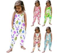 Baby Girls Summer Jumpsuits Cute Printed Sleeveless Easter Outfits Toddler Cotton Loose Casual Dungarees Fashion Little Girl Suspender Bodysuit Holiday Beach Romper