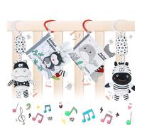 Baby Hanging Prams Toy with Rattle and Wind Chime, Black & White High Contrast Animal Rattle Toy 0-12 Months, Ideal for Car Seat, Stroller, Crib (4 Pack) (Animal)