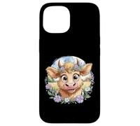 Baby Highland Cow with Purple Flowers Scottish Farm Carcasa para iPhone 15