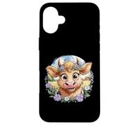 Baby Highland Cow with Purple Flowers Scottish Farm Carcasa para iPhone 16 Plus