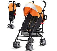 BABY JOY Cochecito ligero, cochecito de aluminio para bebé, diseño plegable de viaje, con toldo Oxford, arnés de 5 puntos, soporte para tazas/cesta de almacenamiento, color naranja