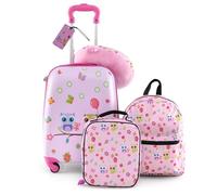 BABY JOY Equipaje Infantil de 5 Piezas con Spinner rígido de 40,6 cm, Mochila de 33 cm, cojín Cervical y Bolsa de Almuerzo aislada, Maleta de Viaje para niños y niñas, Pink/Búhos, 12 x 9 x 21-32