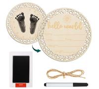 Baby Name Sign, Letrero de Madera de Hello World de 17cm con Almohadilla de Tinta para Huellas de Manos de Bebé Letrero de Recién Nacido para Regalo de Nacimiento de Bebé (Estilo Sol)